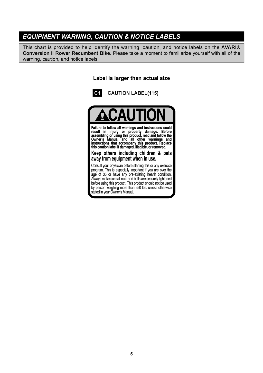 Stamina Products A150-335 owner manual Equipment WARNING, Caution & Notice Labels 