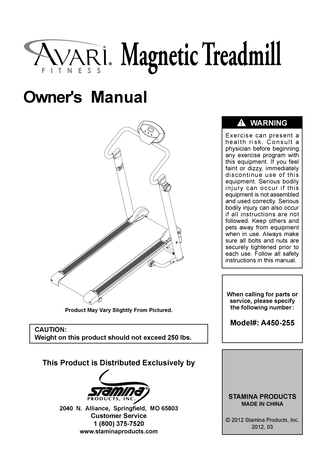 Stamina Products owner manual This Product is Distributed Exclusively by, Model# A450-255, Stamina Products 