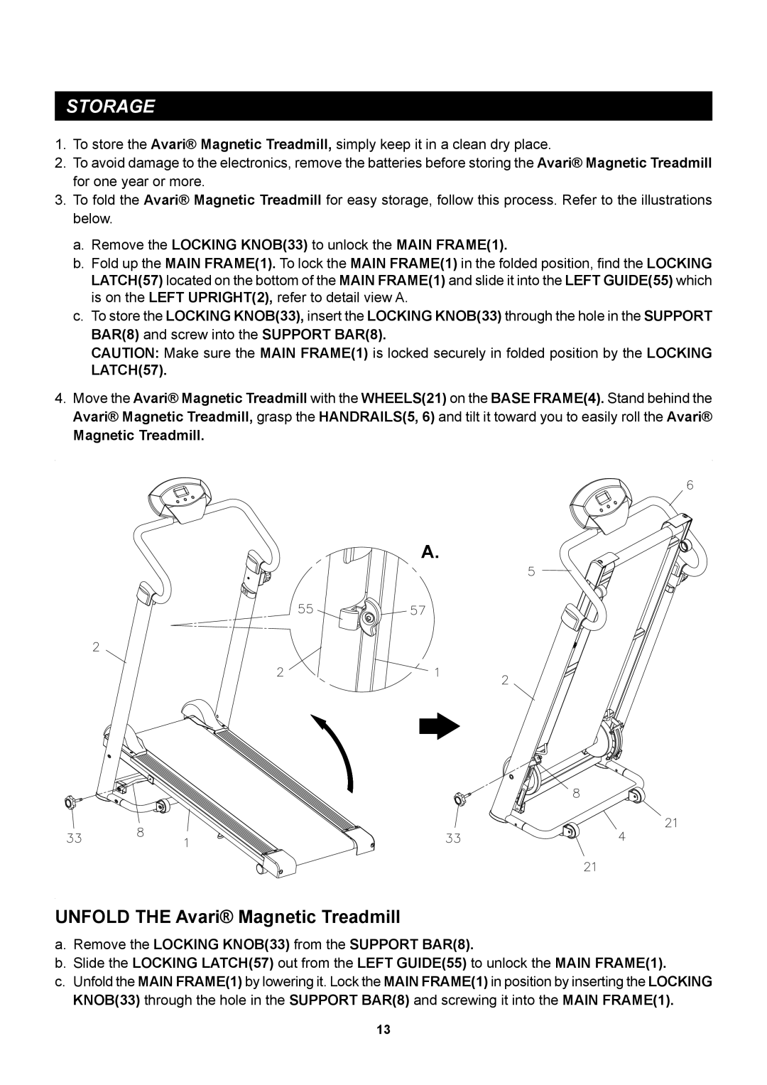 Stamina Products A450-255 Storage, Unfold the Avari Magnetic Treadmill, BAR8 and screw into the Support BAR8 LATCH57 