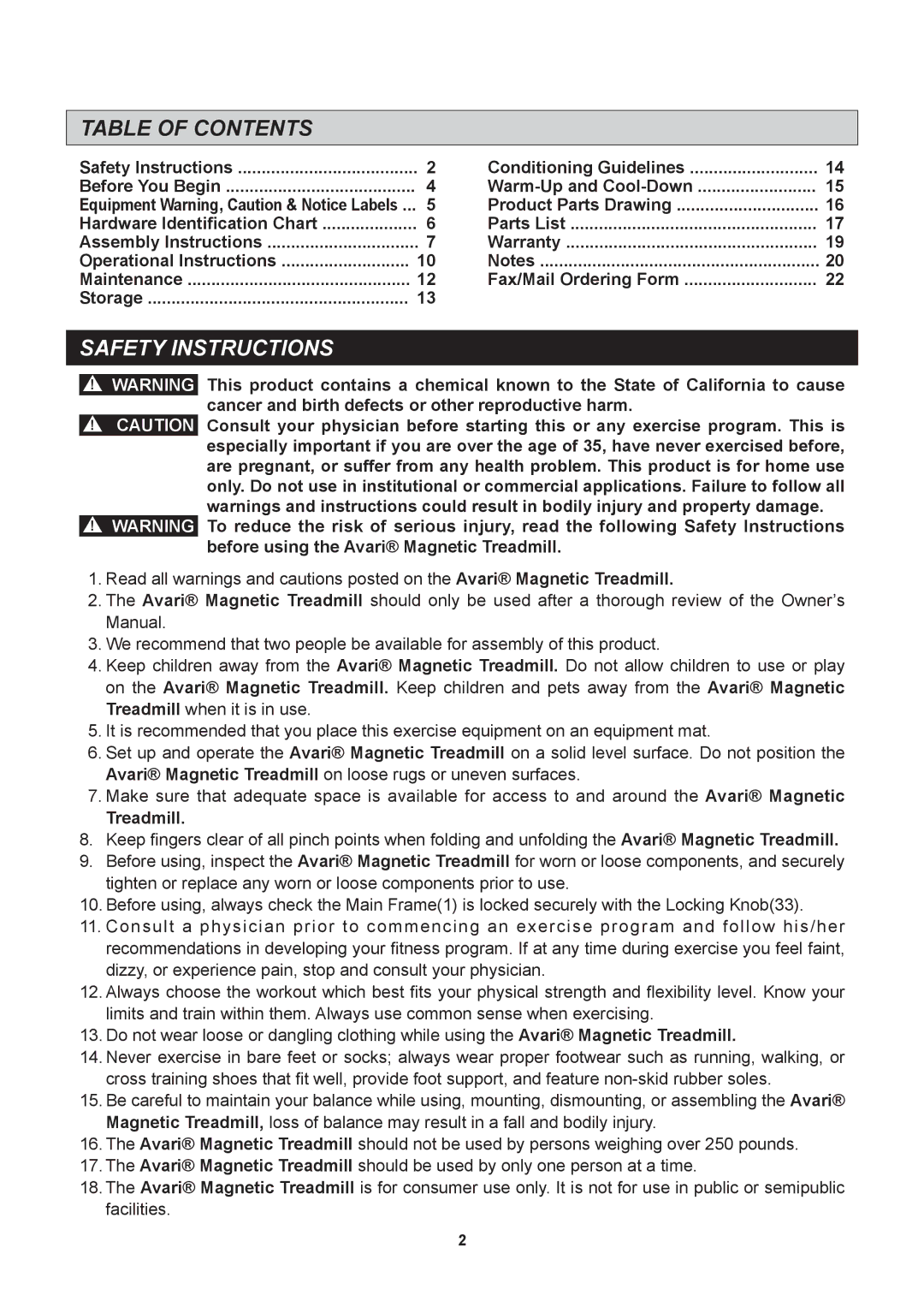 Stamina Products A450-255 owner manual Table of Contents, Safety Instructions 