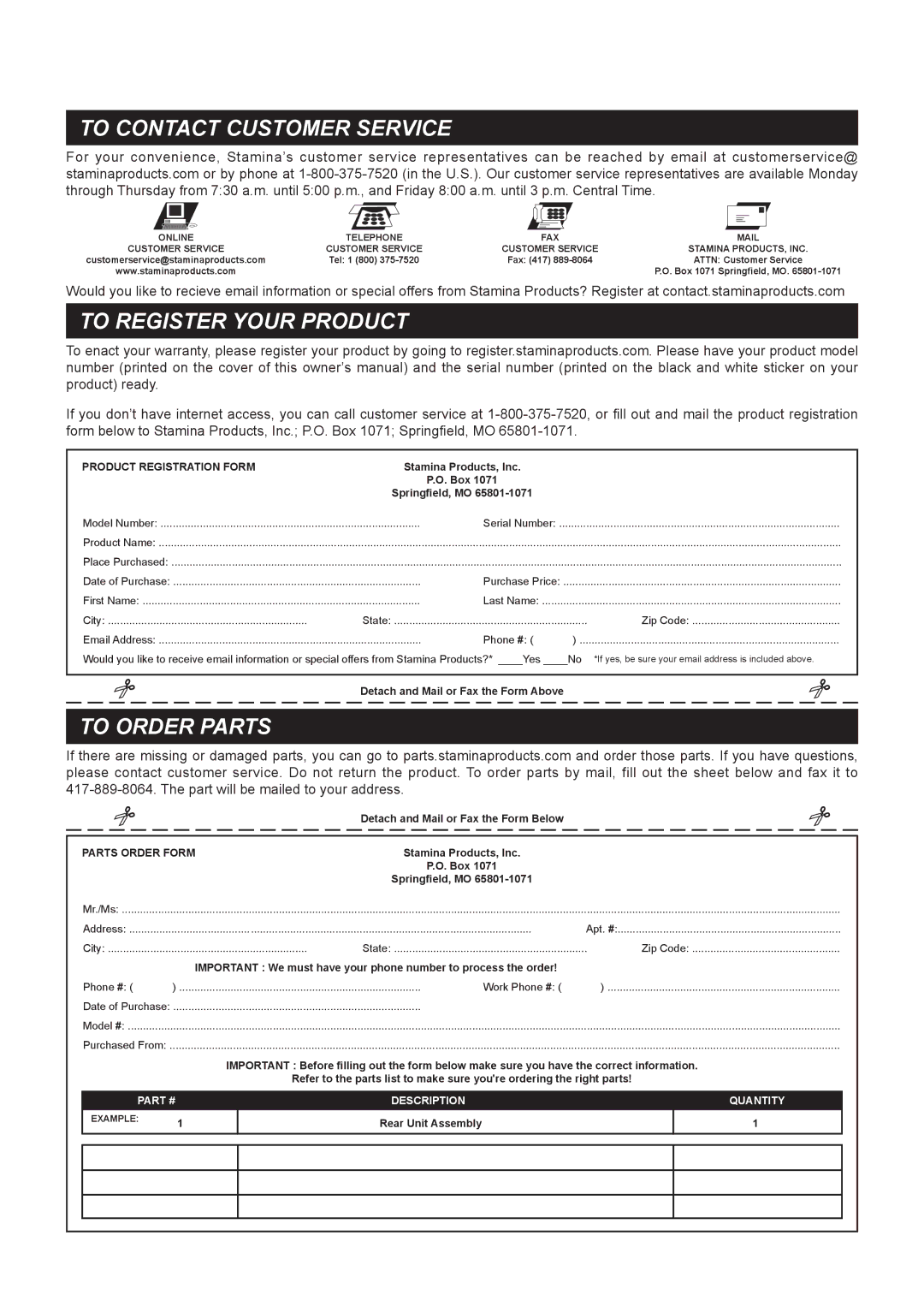 Stamina Products A450-255 owner manual To Contact Customer Service, To Register Your Product, To Order Parts 