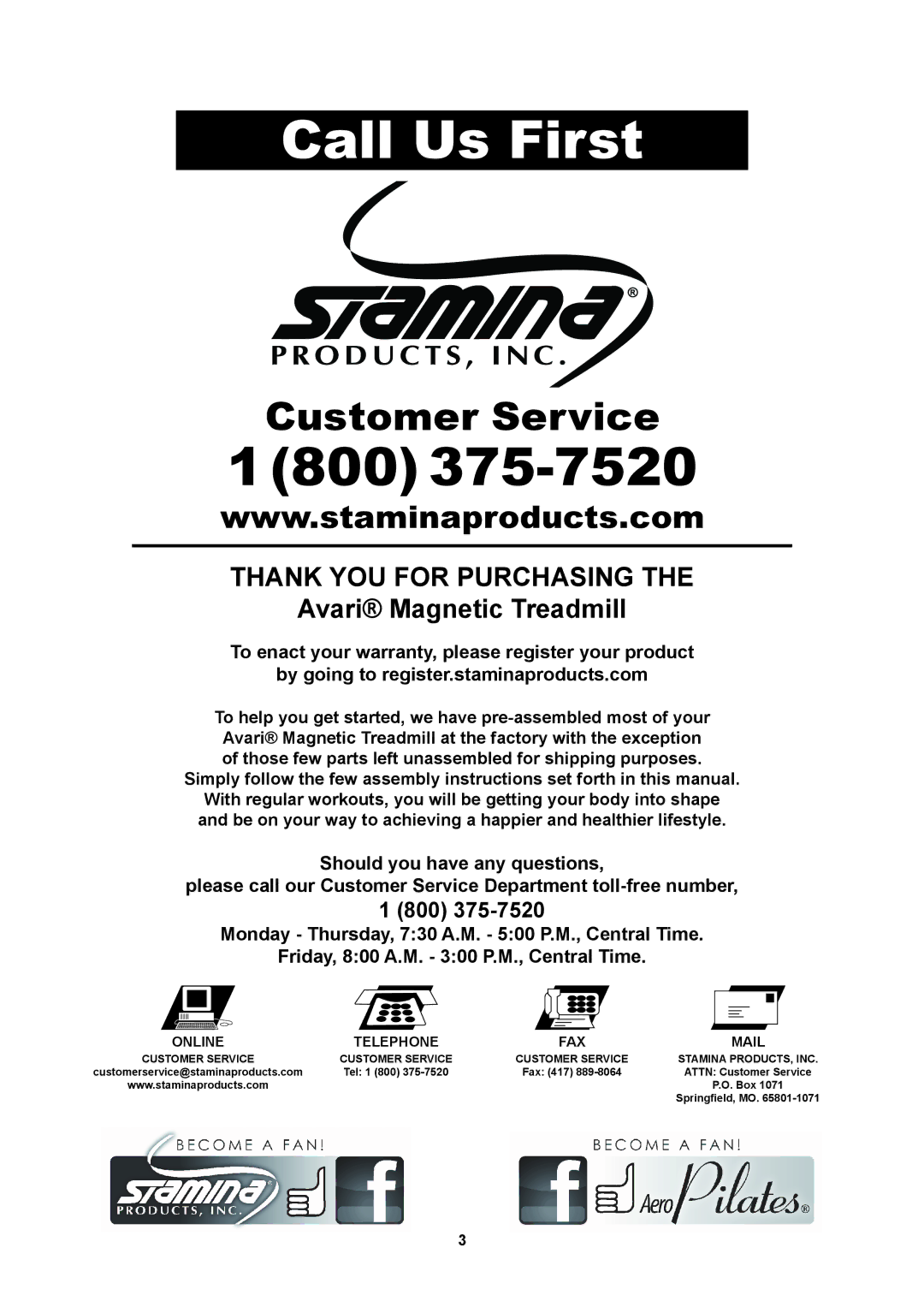 Stamina Products A450-255 owner manual Call Us First, 800 