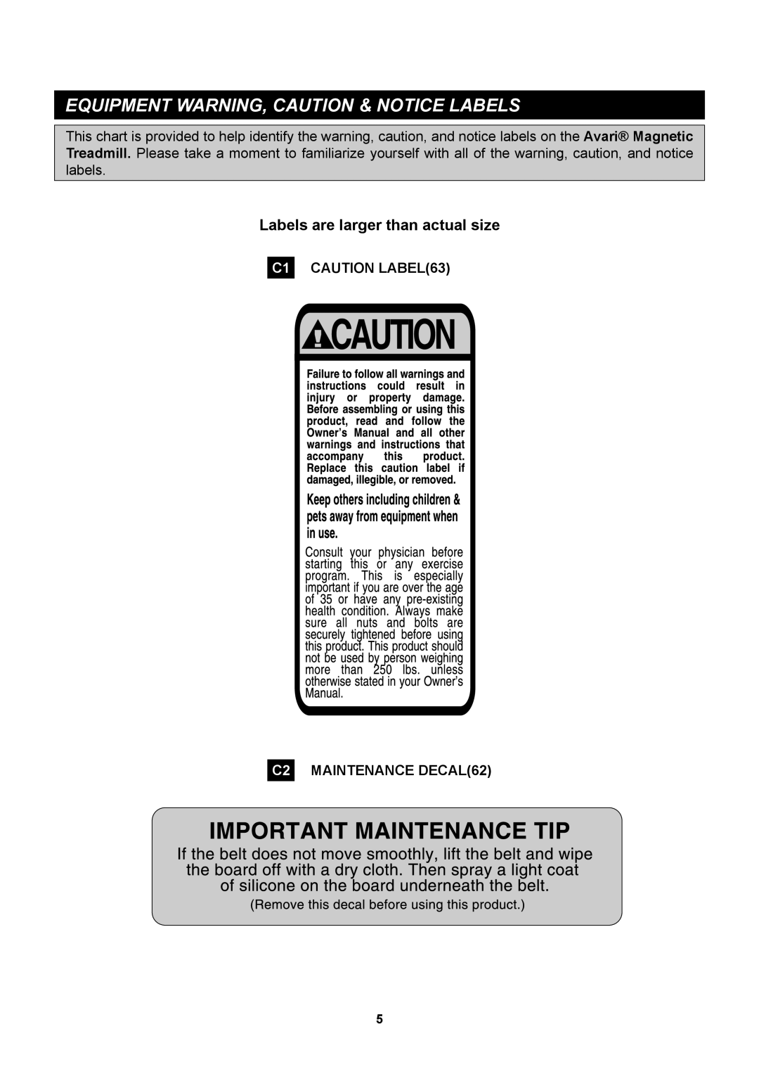 Stamina Products A450-255 owner manual Equipment WARNING, Caution & Notice Labels 