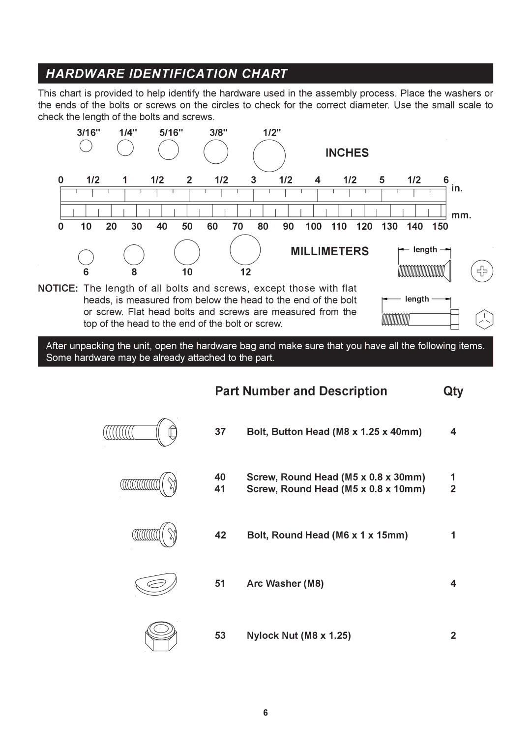 Stamina Products A450-255 owner manual Hardware Identification Chart, Part Number and Description, 100 110 120 130 140 150 