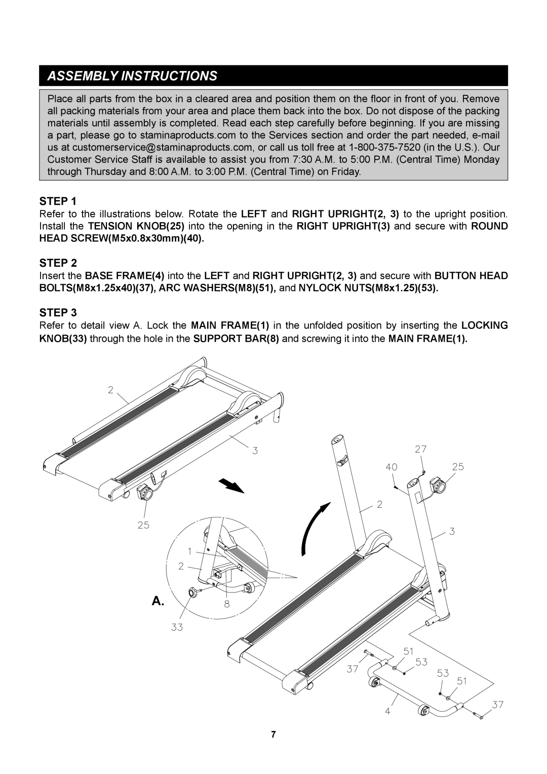 Stamina Products A450-255 owner manual Assembly Instructions, Step, Head SCREWM5x0.8x30mm40 