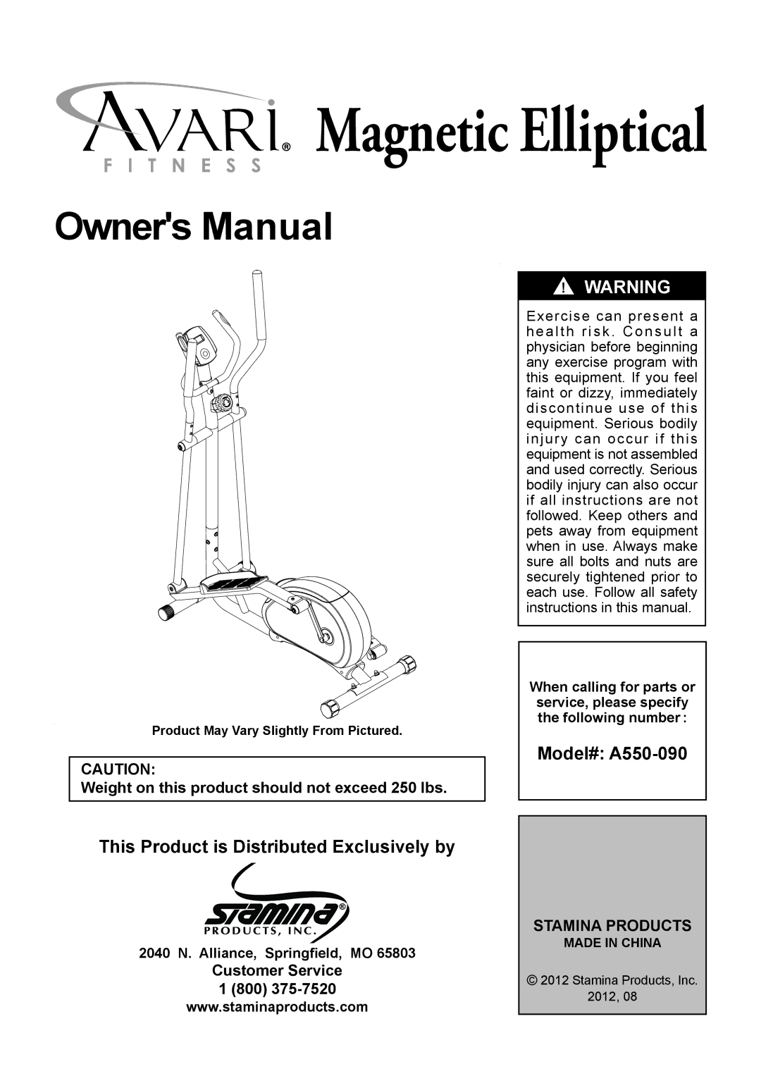 Stamina Products A550-090 owner manual Magnetic Elliptical, Stamina Products 