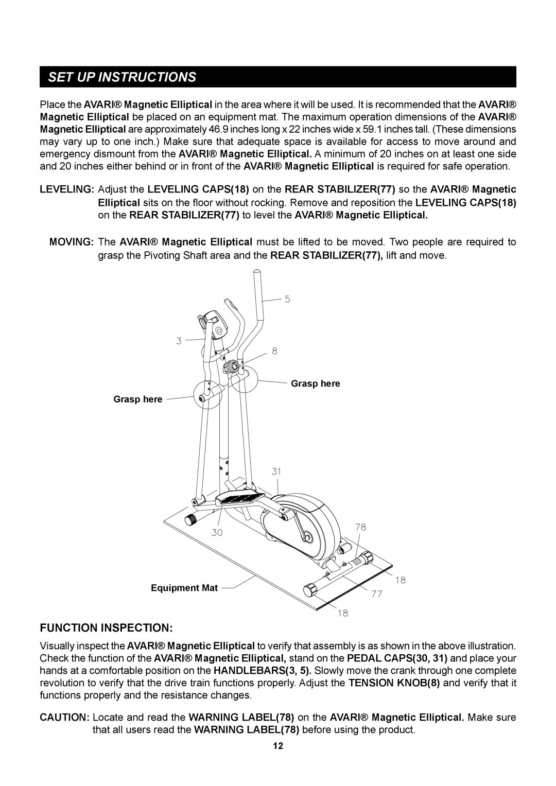 Stamina Products A550-090 owner manual SET UP Instructions, Function Inspection 