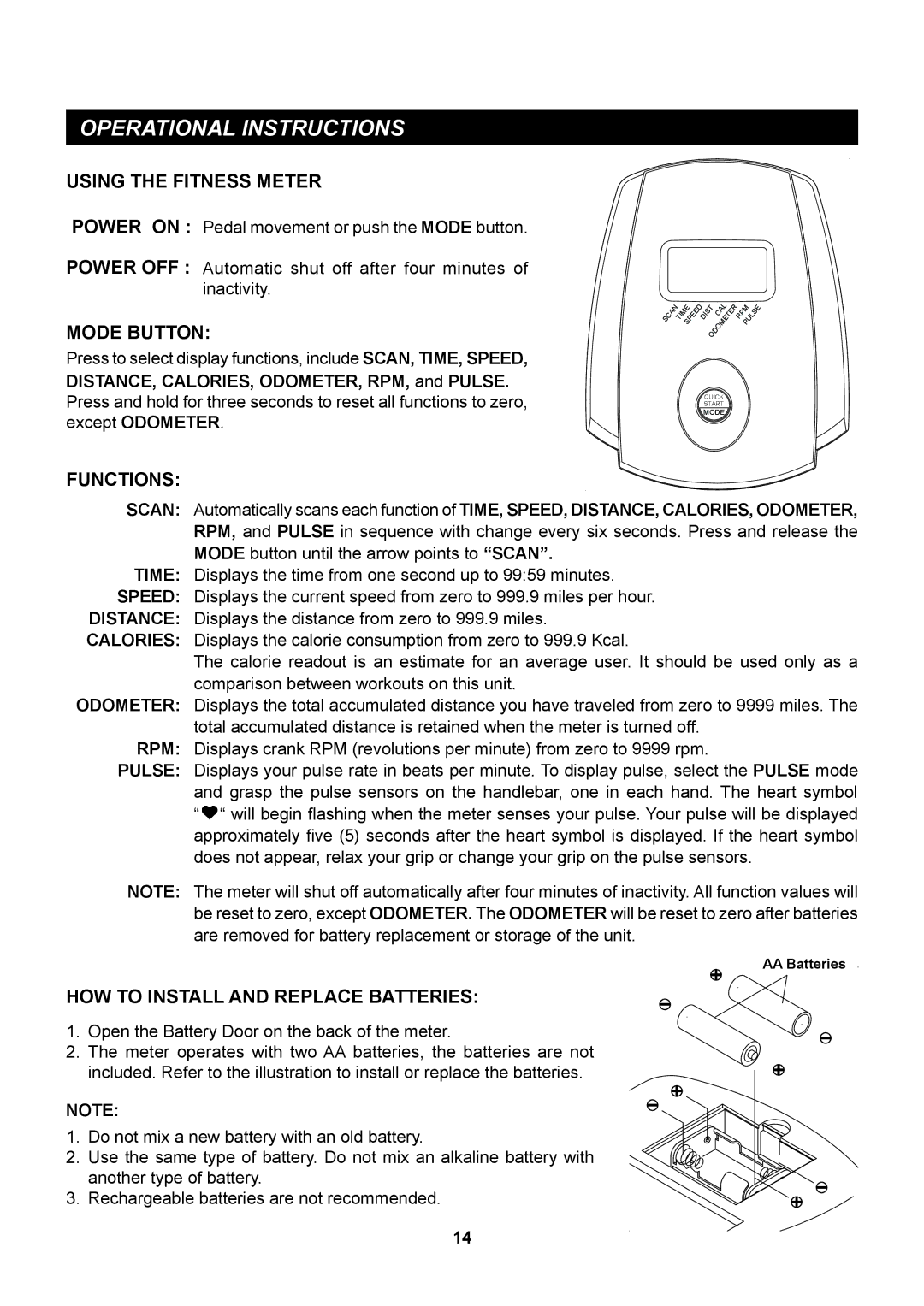 Stamina Products A550-090 Using the Fitness Meter, Mode Button, Functions, HOW to Install and Replace Batteries 