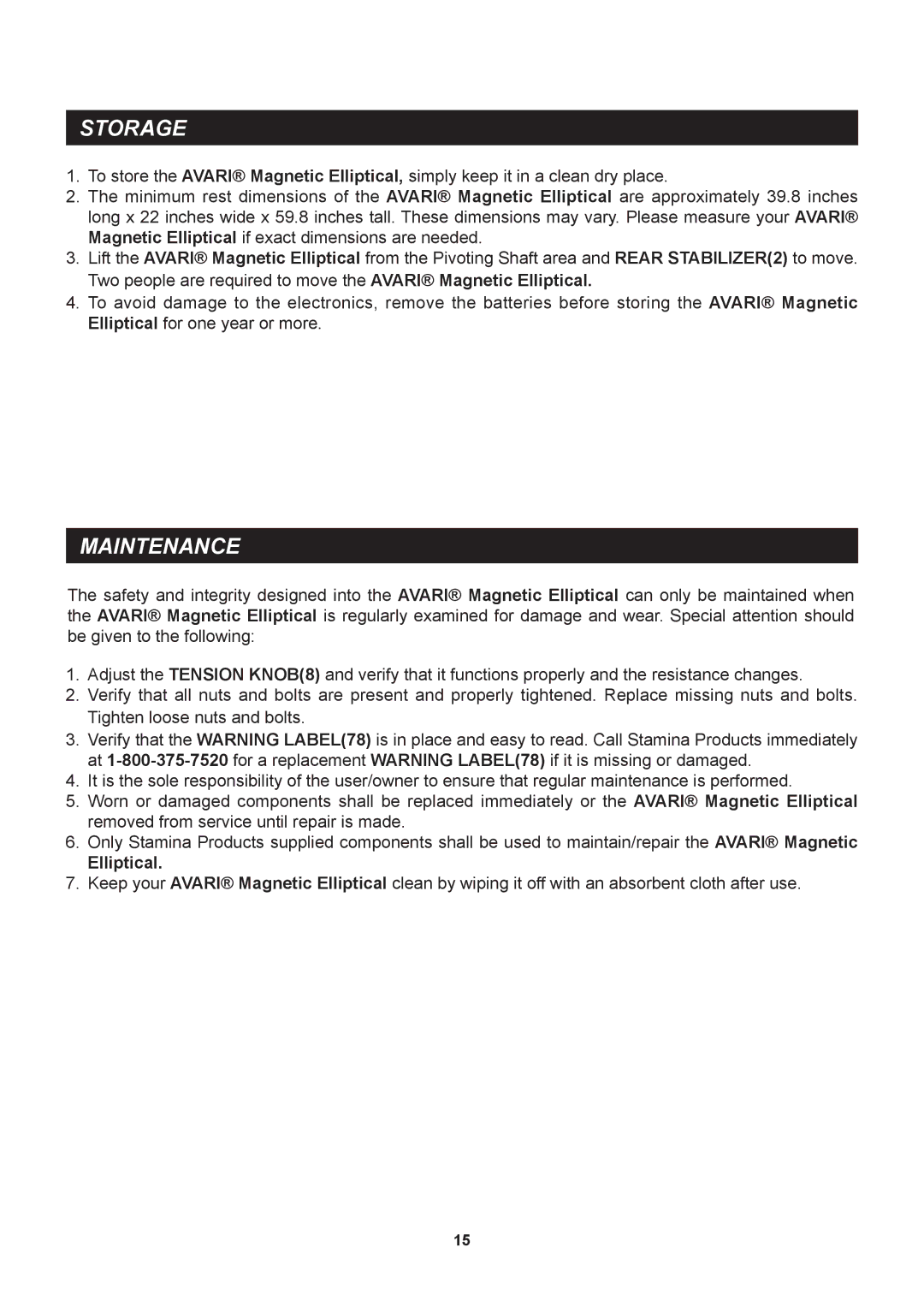 Stamina Products A550-090 owner manual Storage, Maintenance 