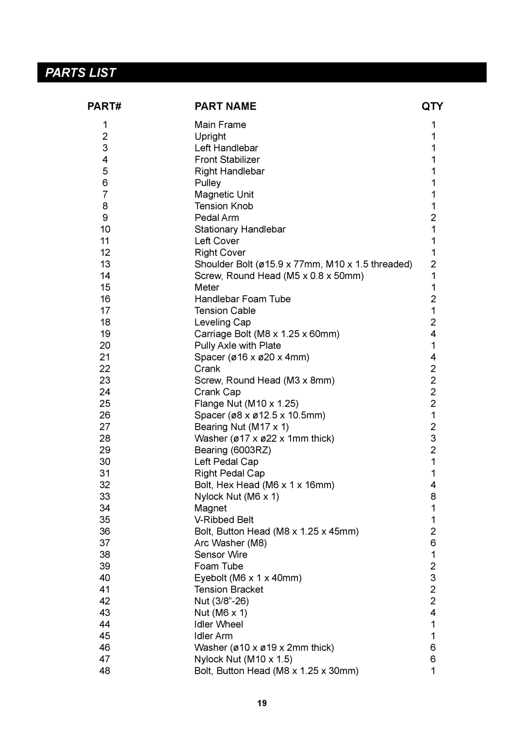 Stamina Products A550-090 owner manual Parts List, PART# Part Name QTY 