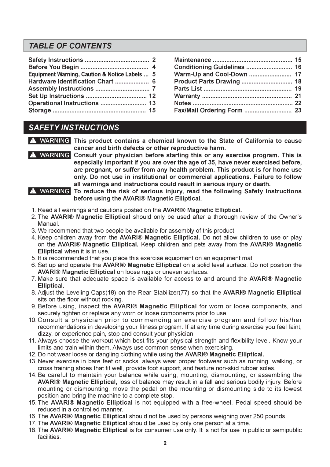 Stamina Products A550-090 owner manual Table of Contents, Safety Instructions 