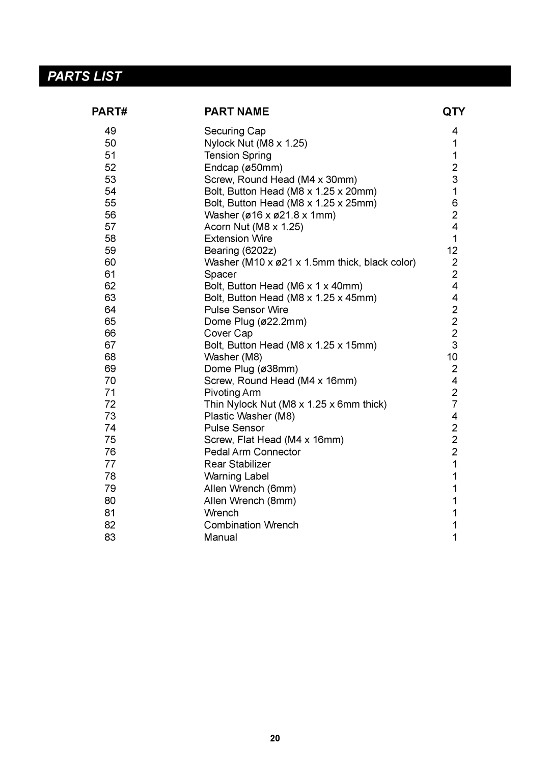 Stamina Products A550-090 owner manual Part Name QTY 