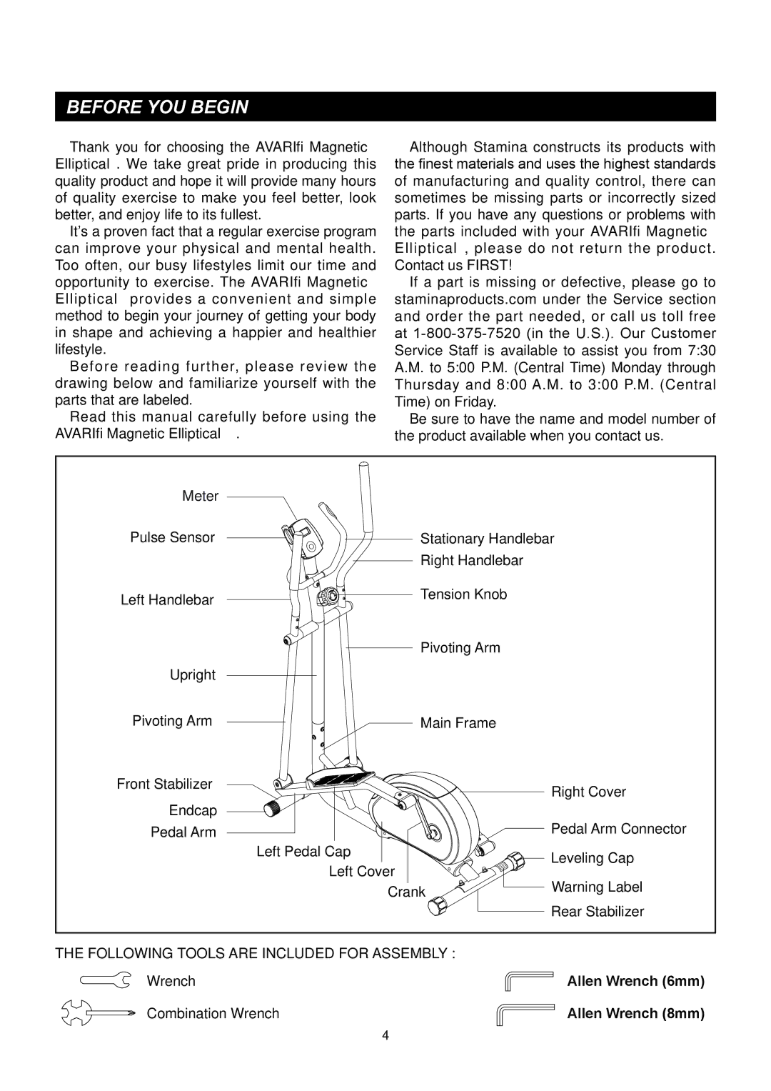 Stamina Products A550-090 owner manual Before YOU Begin, Avari Magnetic Elliptical 