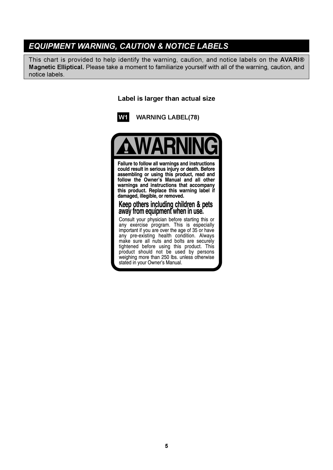 Stamina Products A550-090 owner manual Equipment WARNING, Caution & Notice Labels 