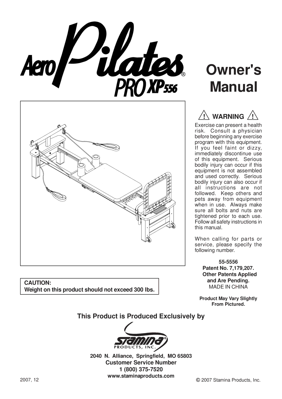 Stamina Products 55-5556, Aero Pilates PRO XP556 owner manual Owners Manual 