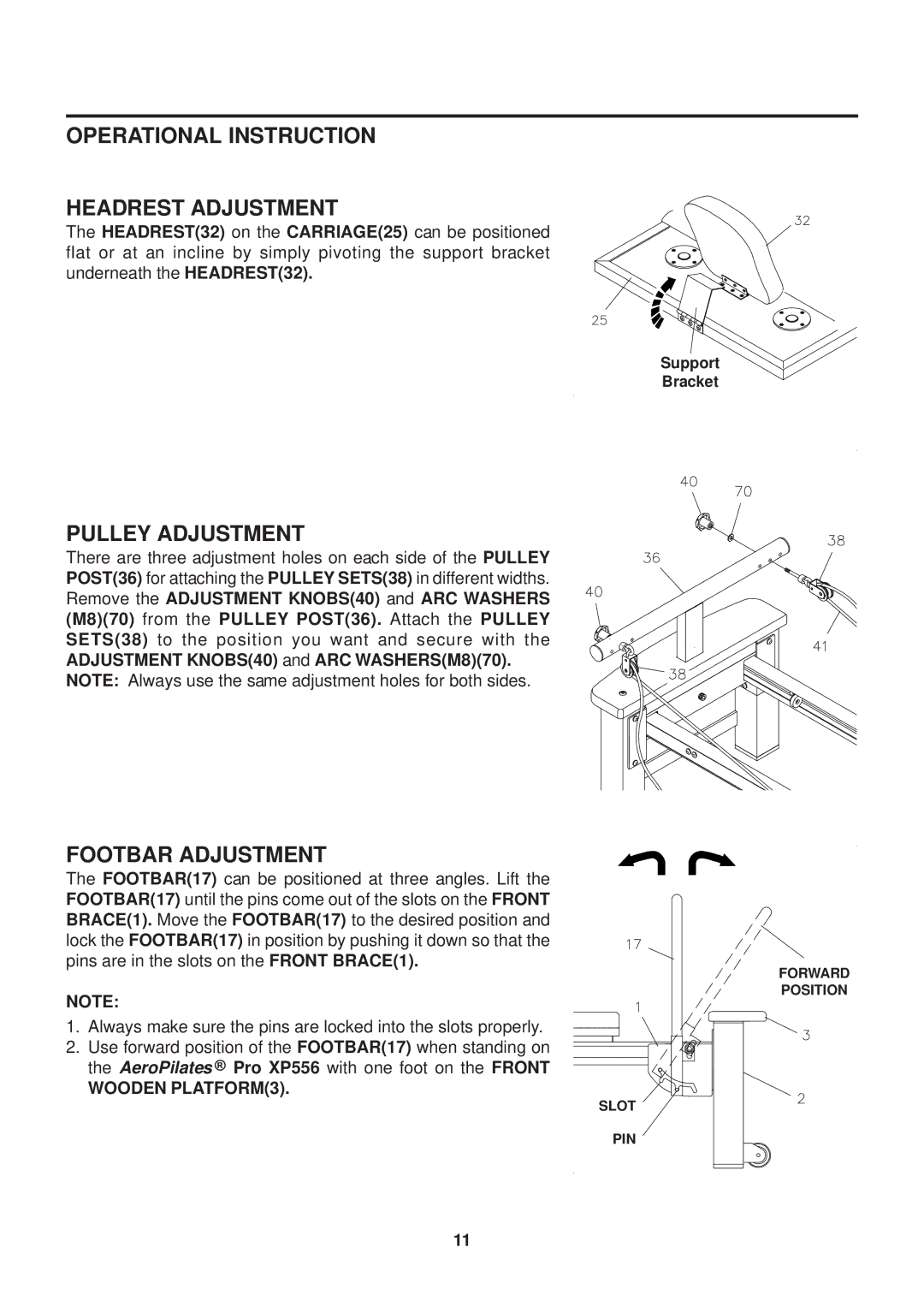 Stamina Products 55-5556 owner manual Operational Instruction Headrest Adjustment, Pulley Adjustment, Footbar Adjustment 