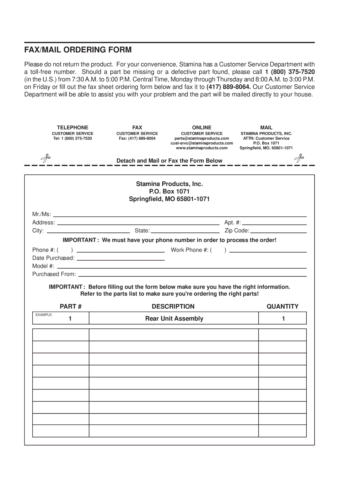 Stamina Products 55-5556, Aero Pilates PRO XP556 FAX/MAIL Ordering Form, Stamina Products, Inc Box Springfield, MO 