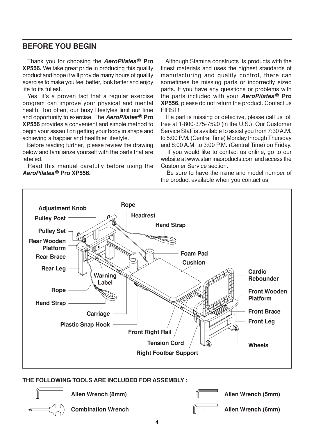 Stamina Products Aero Pilates PRO XP556, 55-5556 owner manual Before YOU Begin, AeroPilates Pro XP556 