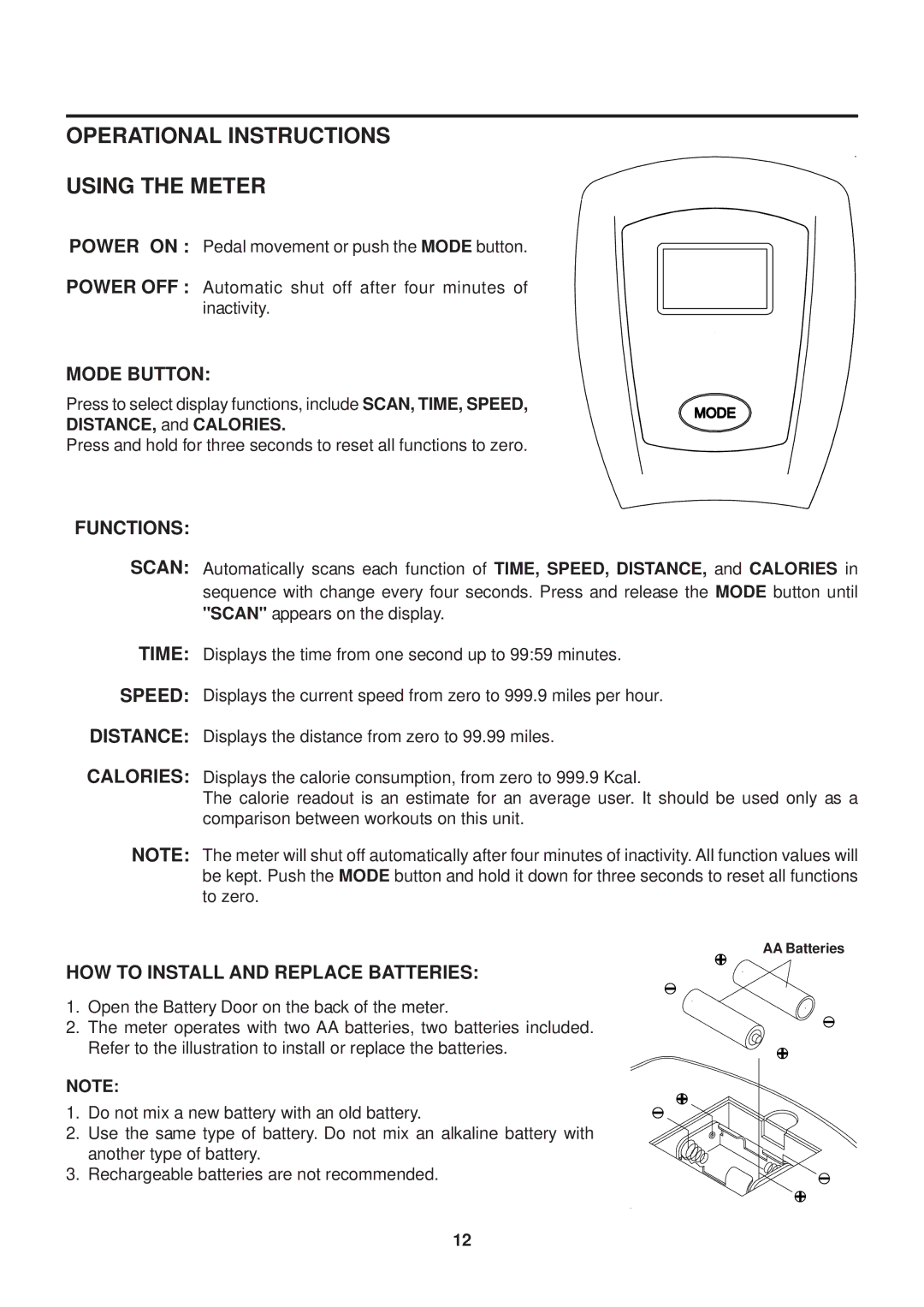 Stamina Products CT2.0 owner manual Operational Instructions Using the Meter, Mode Button, Functions 