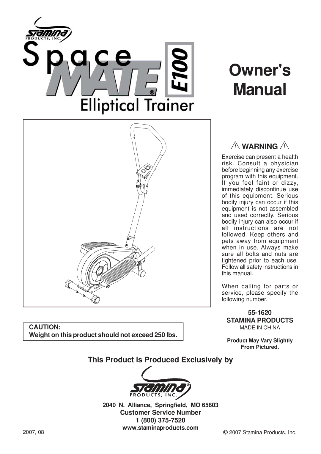 Stamina Products E100 owner manual Owners Manual 