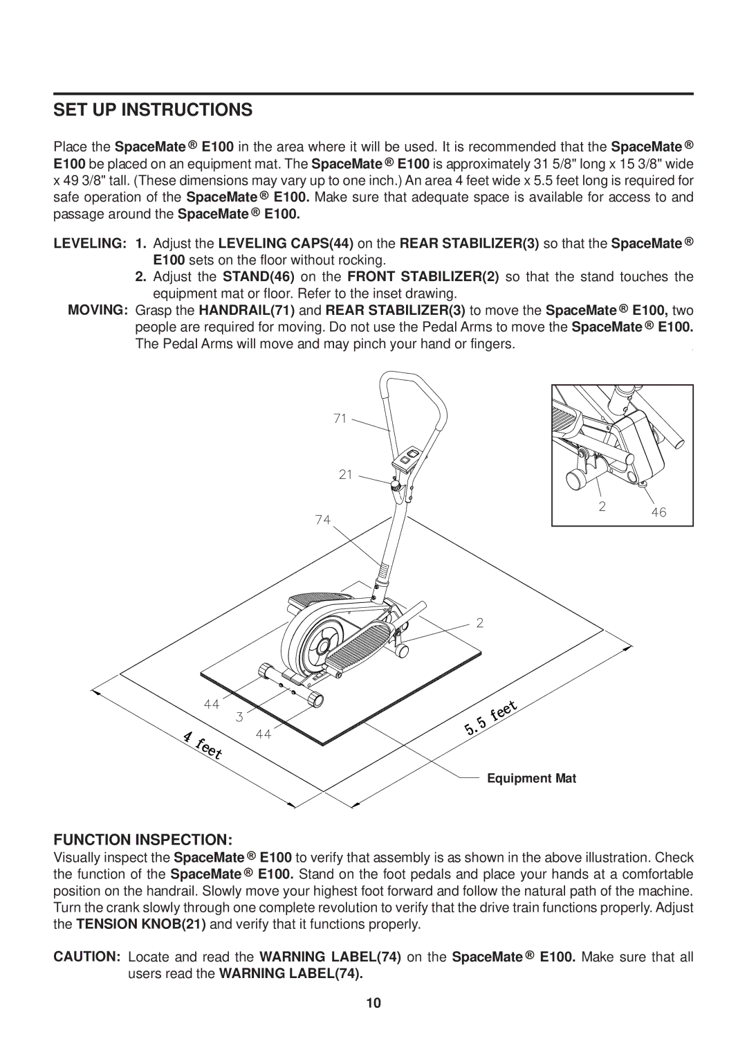 Stamina Products E100 owner manual SET UP Instructions, Function Inspection 