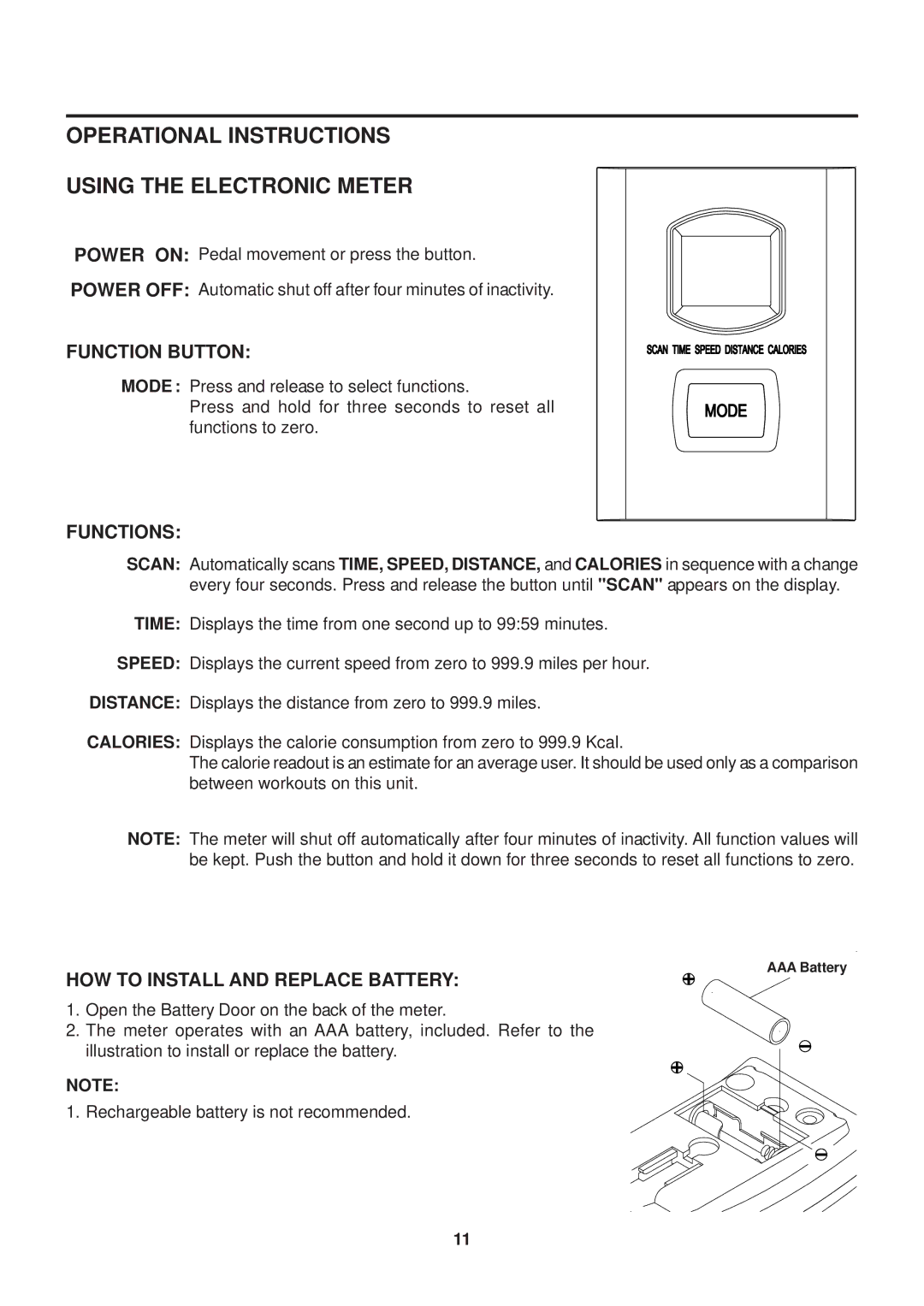 Stamina Products E100 owner manual Operational Instructions Using the Electronic Meter, Function Button 