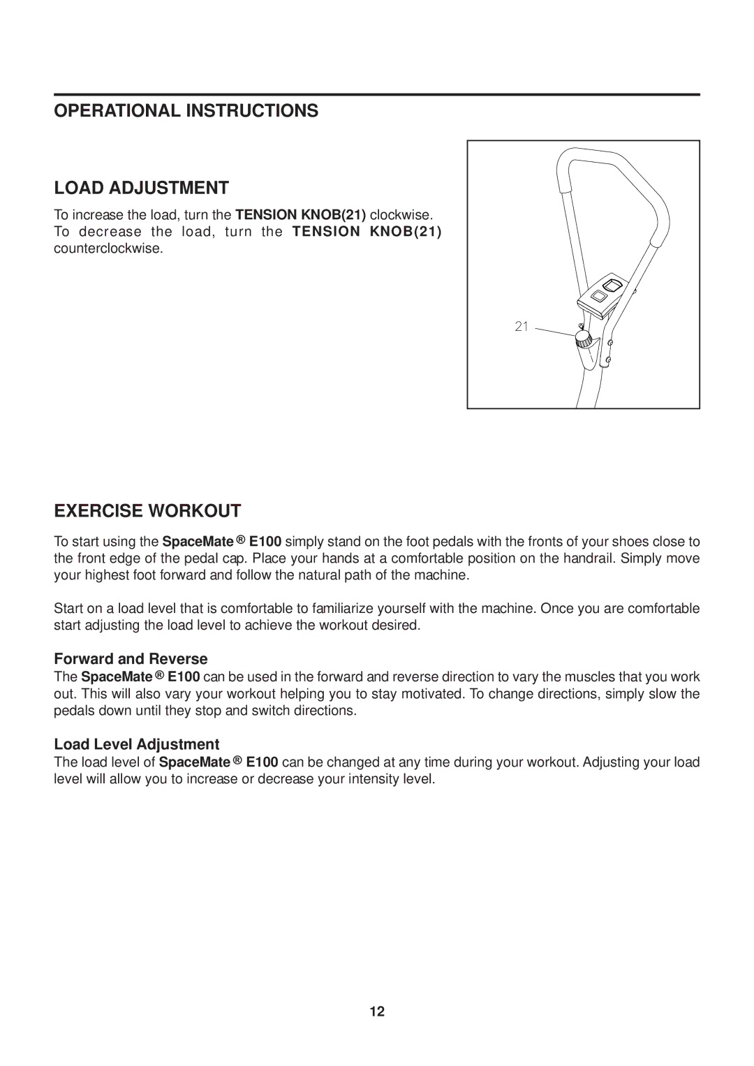 Stamina Products E100 owner manual Operational Instructions Load Adjustment, Exercise Workout 