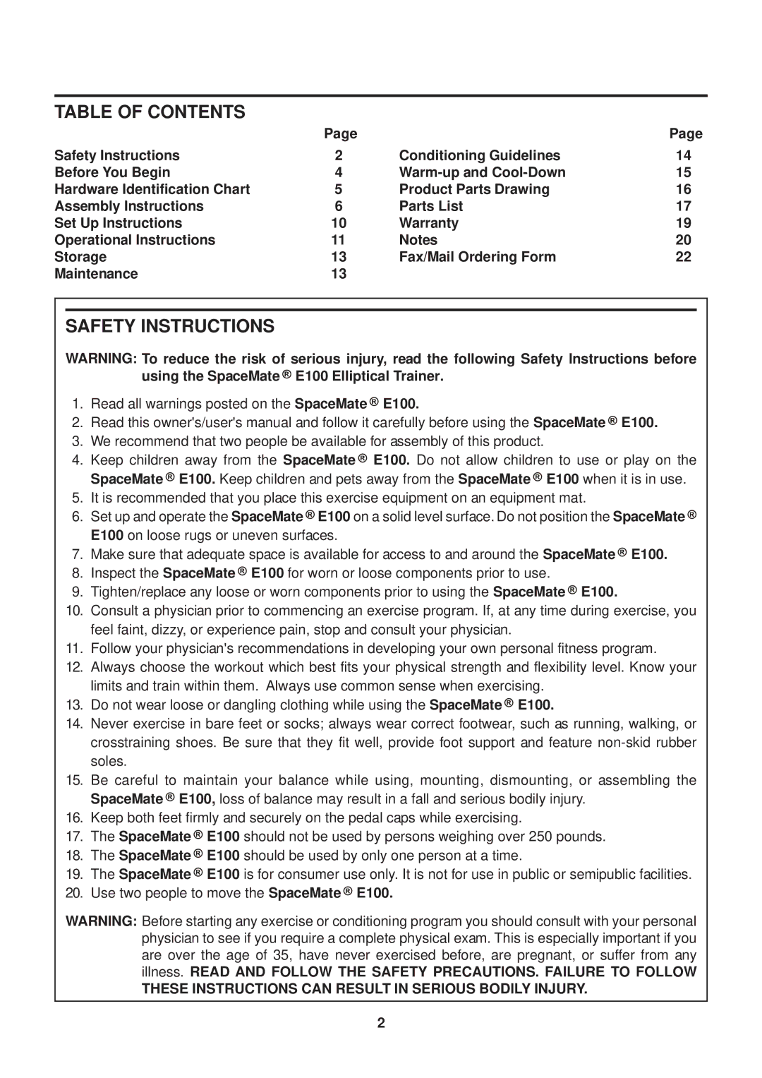 Stamina Products E100 owner manual Table of Contents, Safety Instructions 