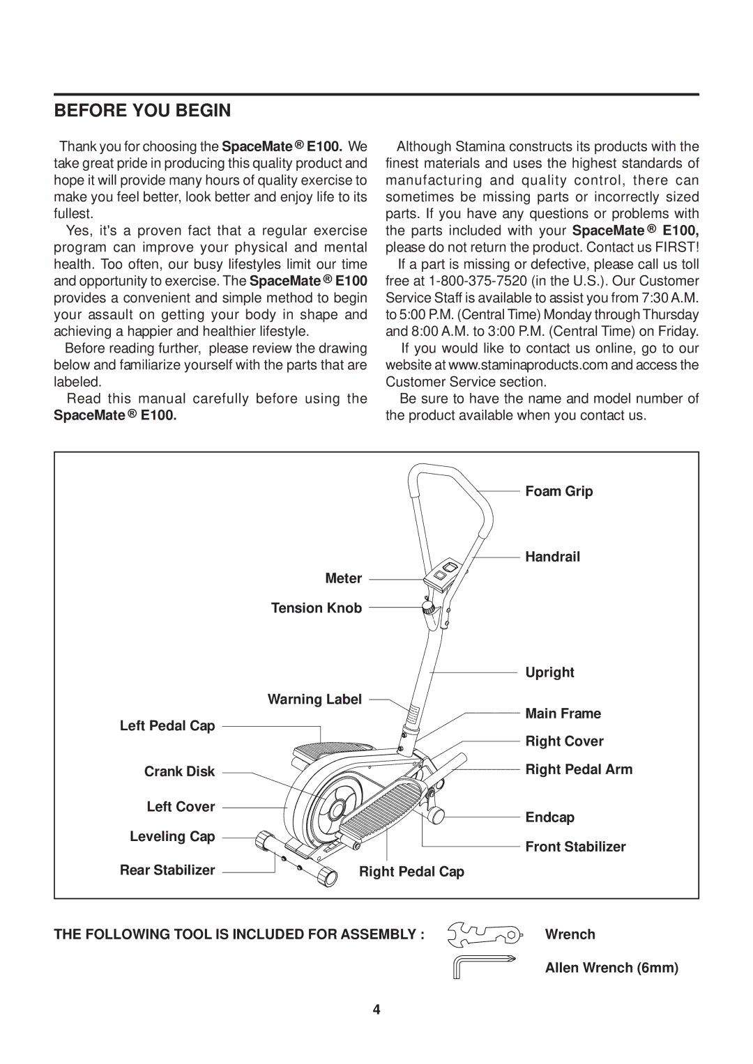 Stamina Products owner manual Before YOU Begin, SpaceMate E100 