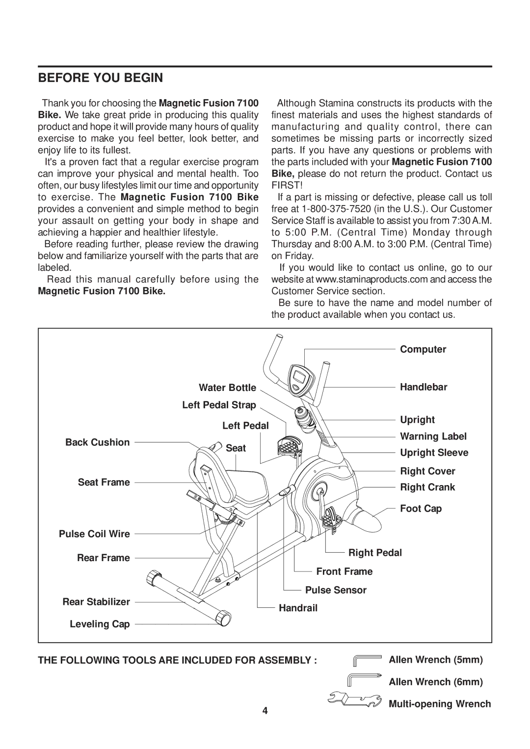 Stamina Products owner manual Before YOU Begin, Magnetic Fusion 7100 Bike 