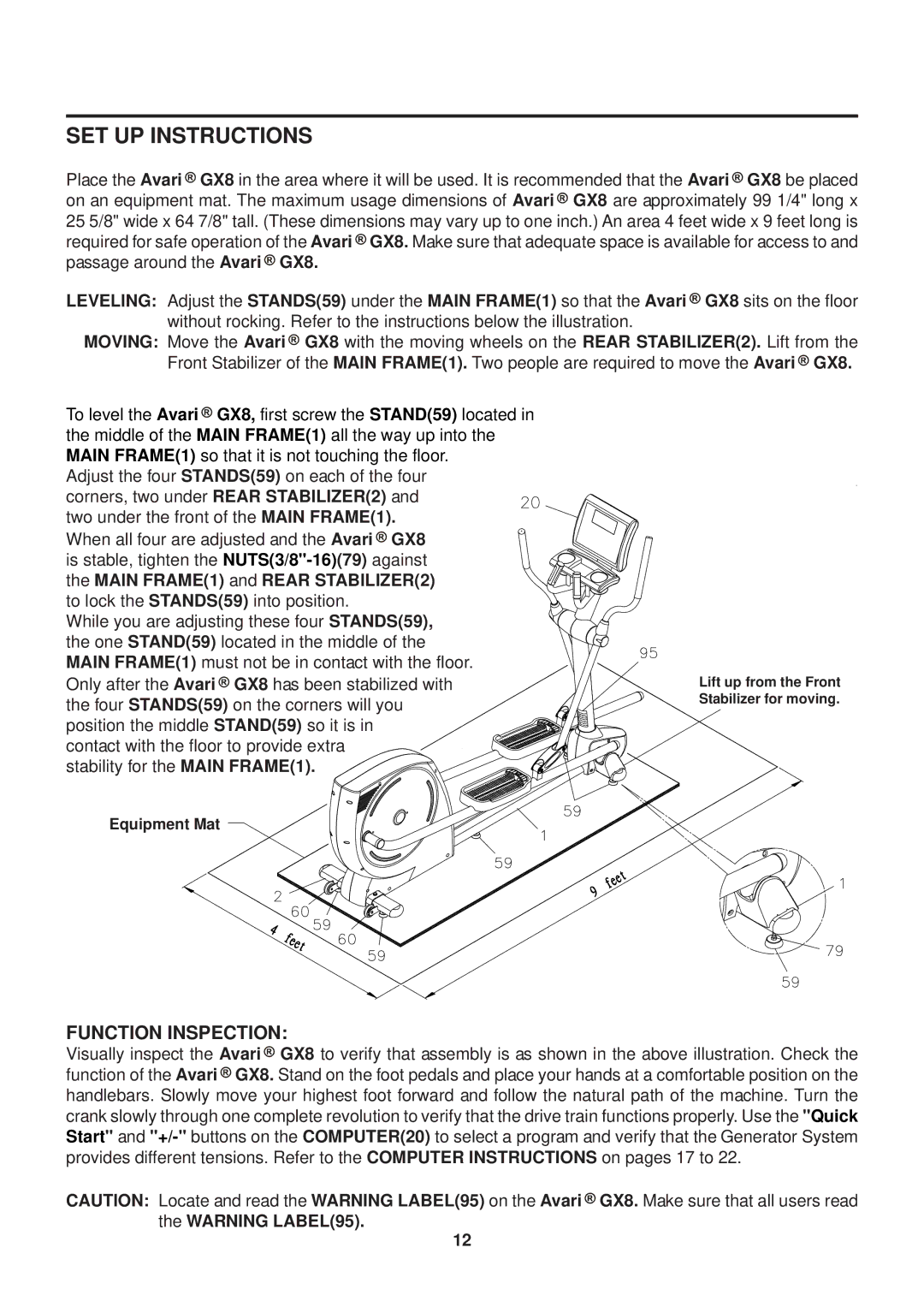 Stamina Products GX 8 owner manual SET UP Instructions, Function Inspection 