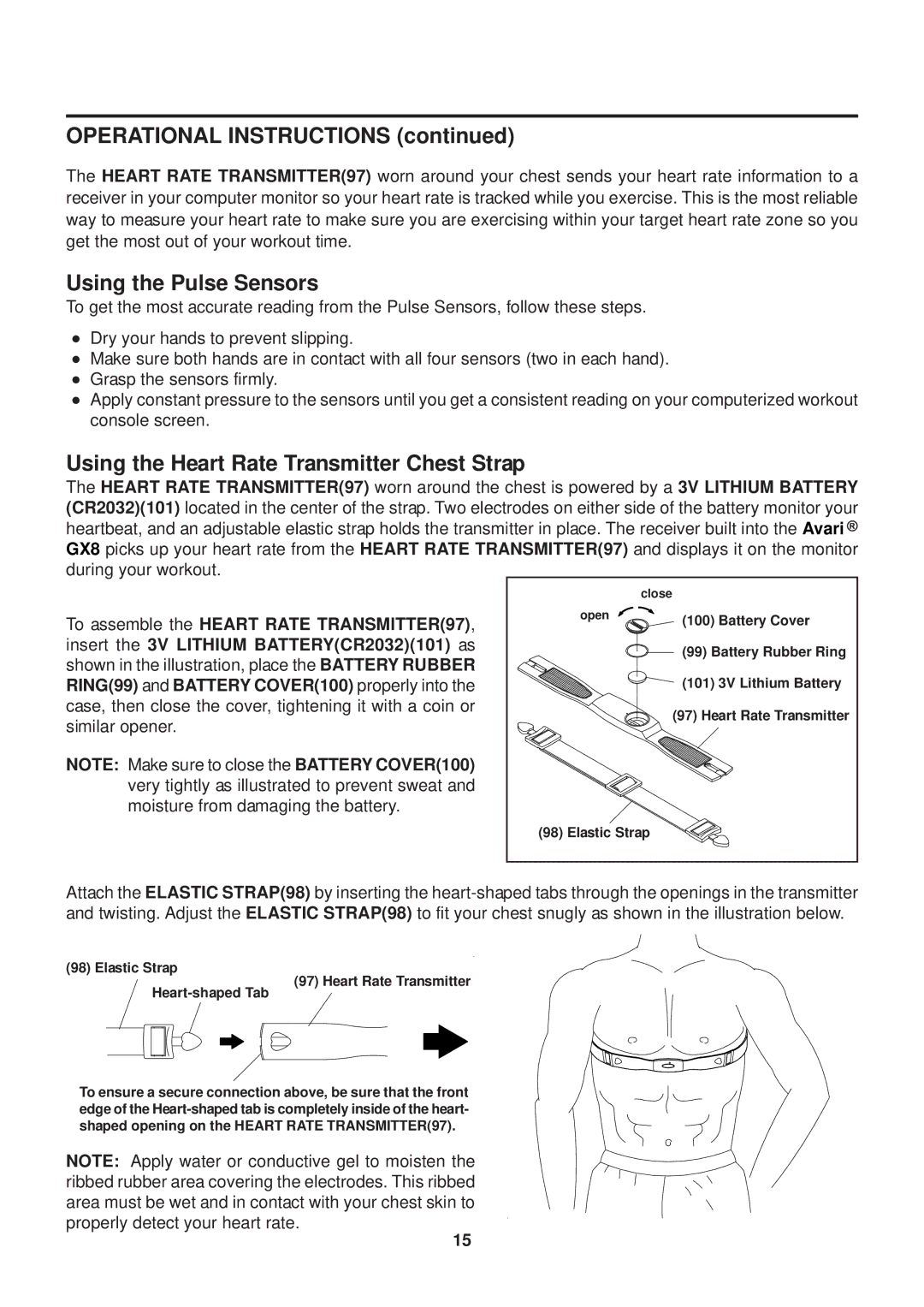 Stamina Products GX 8 Operational Instructions, Using the Pulse Sensors, Using the Heart Rate Transmitter Chest Strap 