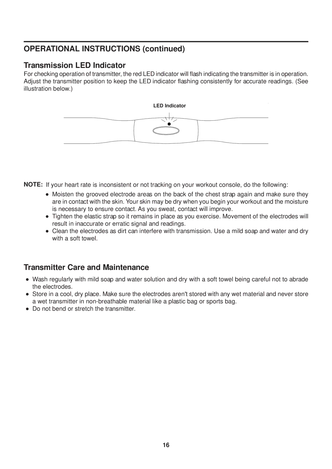 Stamina Products GX 8 owner manual Operational Instructions Transmission LED Indicator, Transmitter Care and Maintenance 