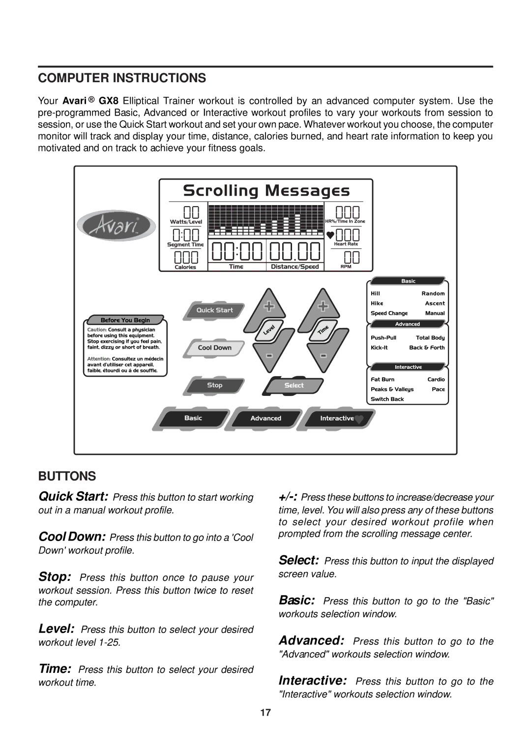 Stamina Products GX 8 owner manual Computer Instructions, Buttons 