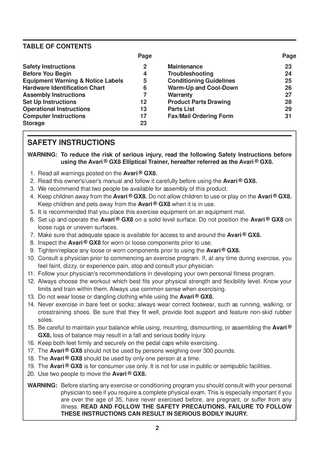 Stamina Products GX 8 owner manual Safety Instructions, Table of Contents 