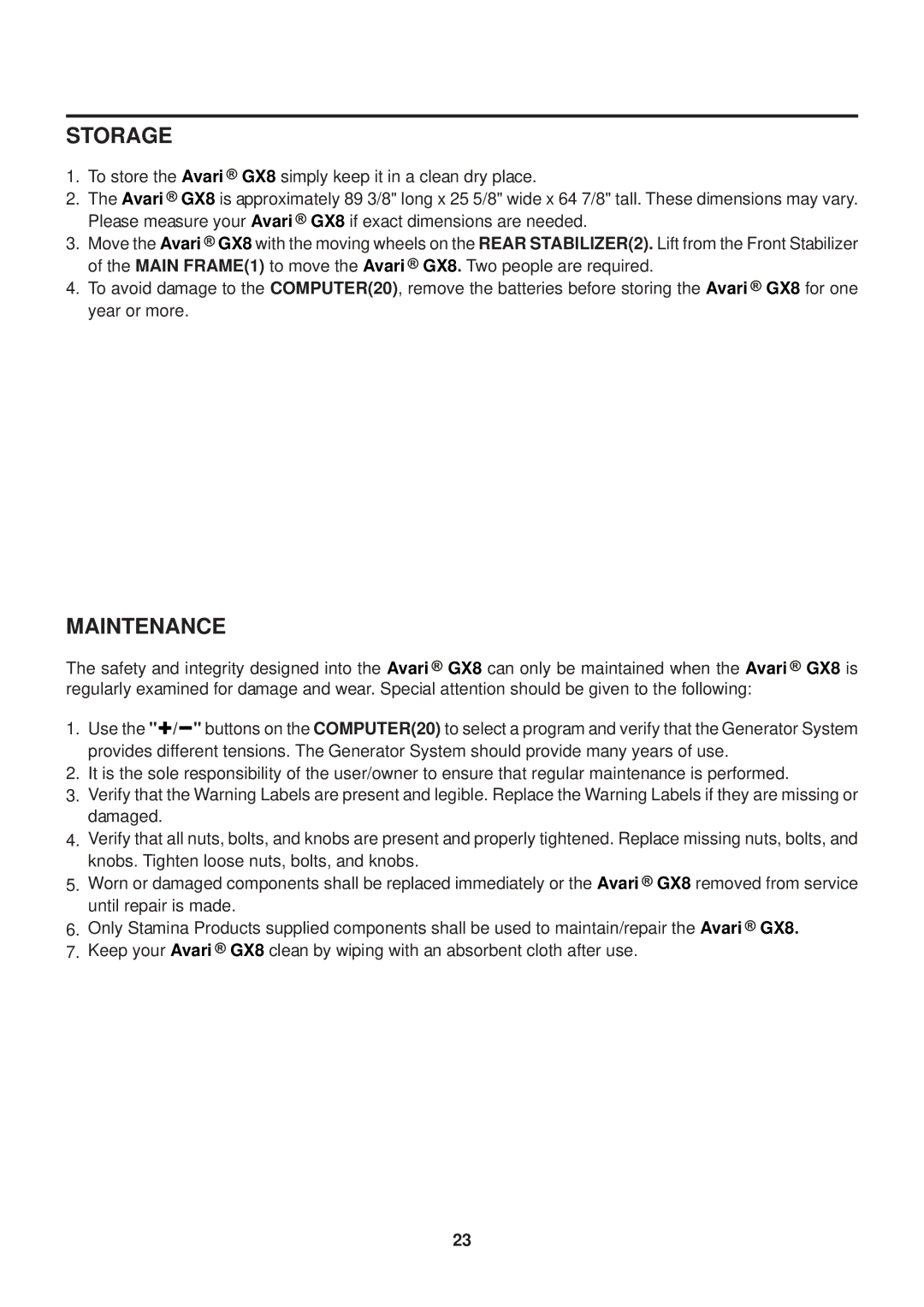 Stamina Products GX 8 owner manual Storage, Maintenance 