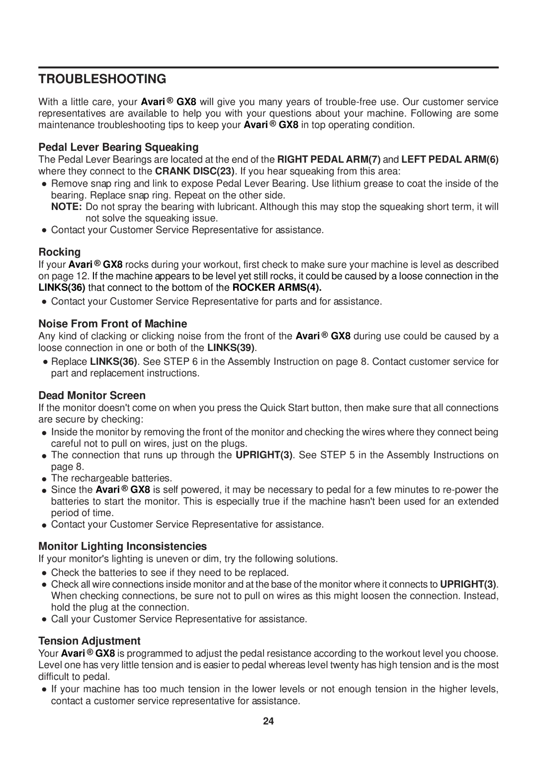 Stamina Products GX 8 owner manual Troubleshooting, Pedal Lever Bearing Squeaking 