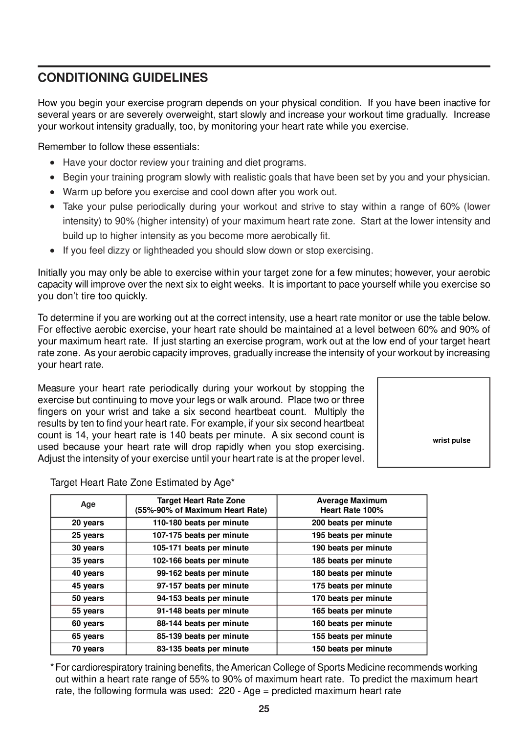 Stamina Products GX 8 owner manual Conditioning Guidelines, Target Heart Rate Zone Estimated by Age 