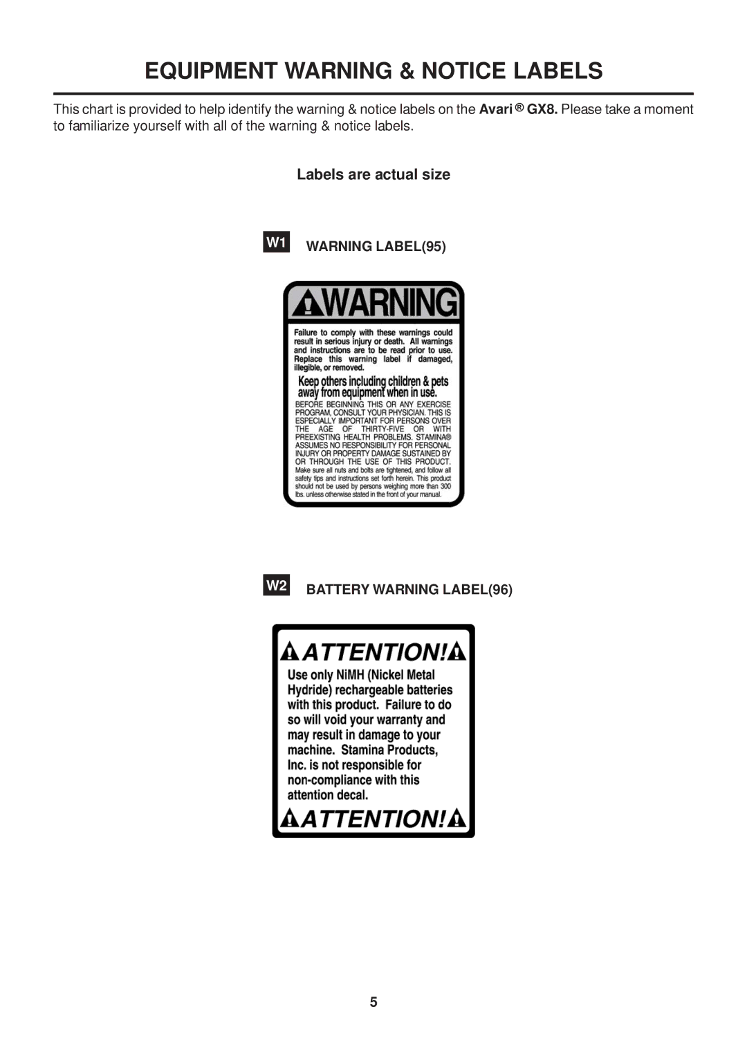 Stamina Products GX 8 owner manual Equipment Warning & Notice Labels 