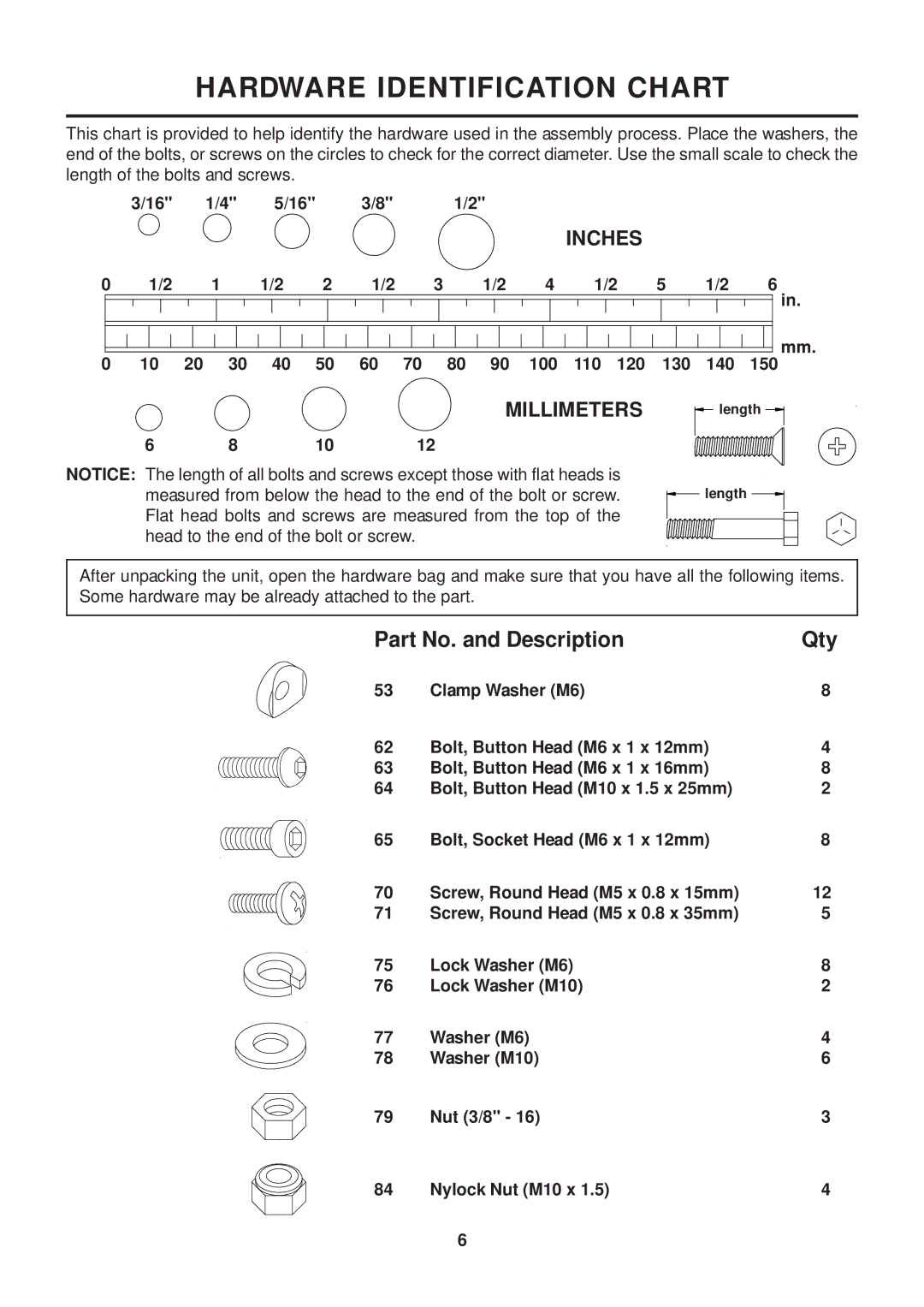 Stamina Products GX 8 owner manual Hardware Identification Chart, Part No. and Description Qty 