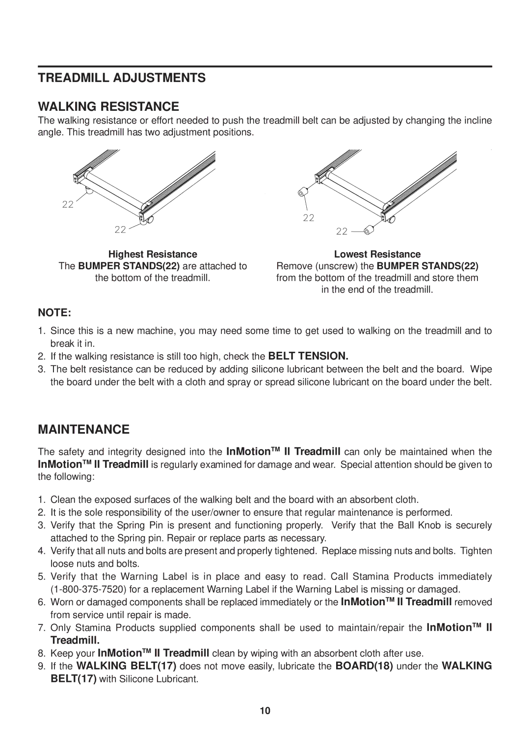 Stamina Products Inmotions owner manual Treadmill Adjustments Walking Resistance, Maintenance 