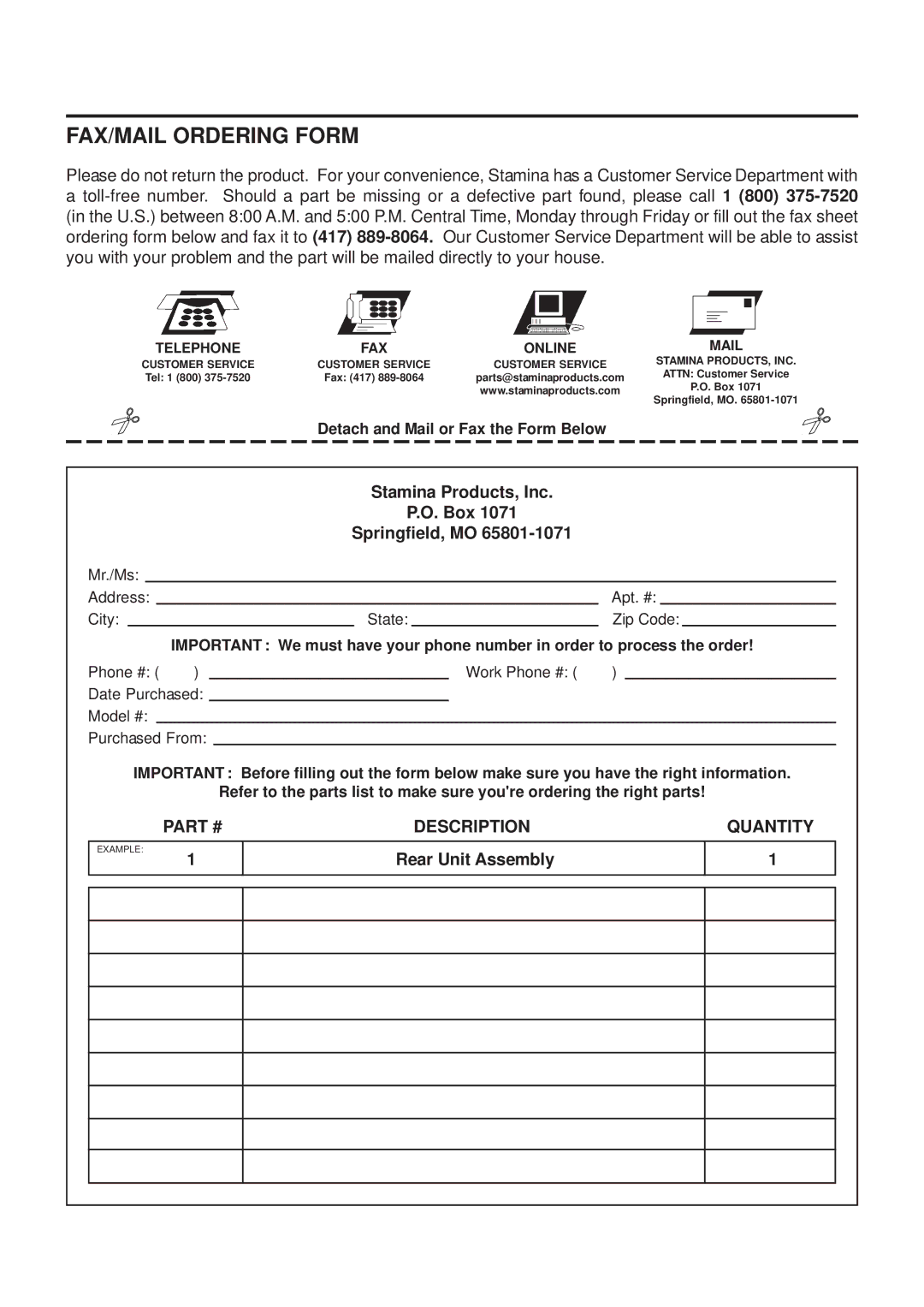 Stamina Products Inmotions owner manual FAX/MAIL Ordering Form, Telephone FAX Online Mail 