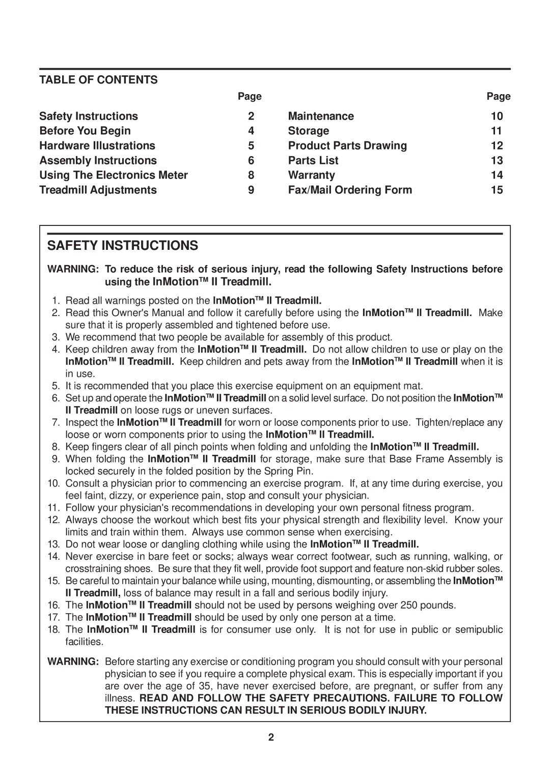 Stamina Products Inmotions owner manual Safety Instructions, Table of Contents 