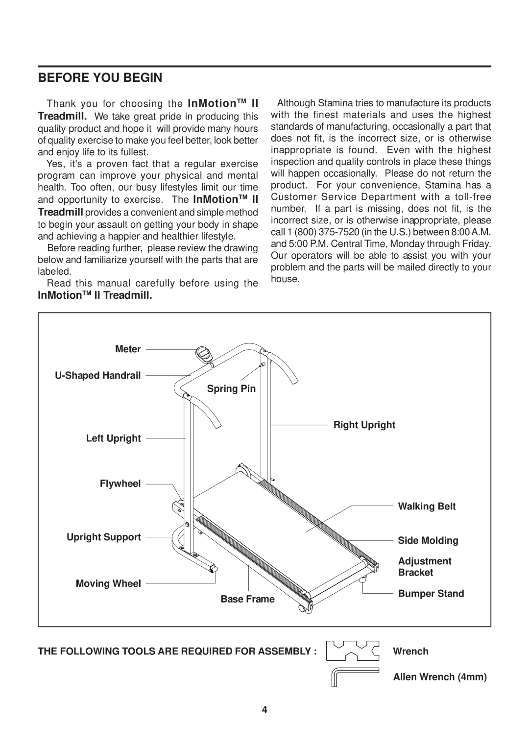 Stamina Products Inmotions owner manual Before YOU Begin, InMotionTM II Treadmill 