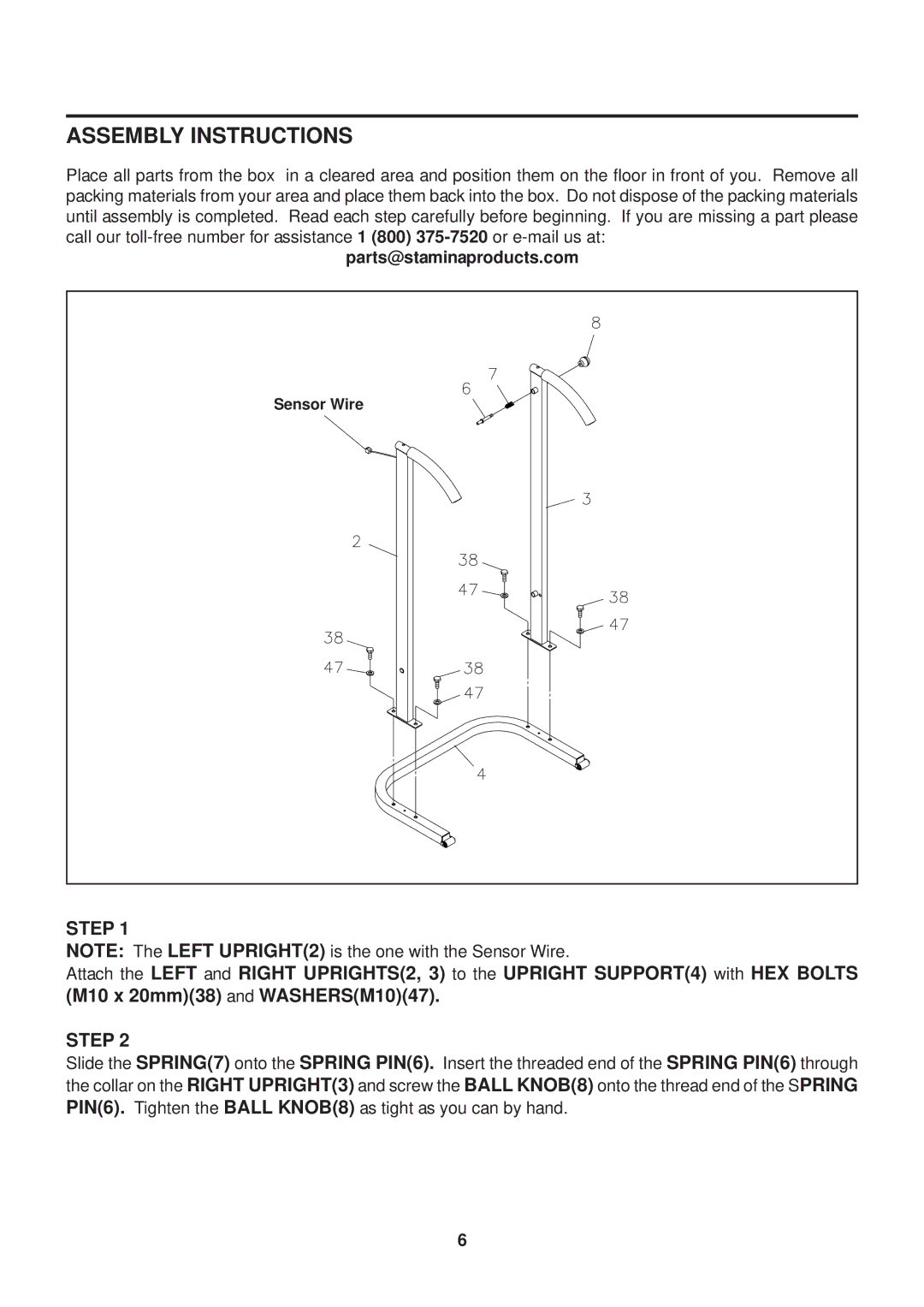 Stamina Products Inmotions owner manual Assembly Instructions, Step 