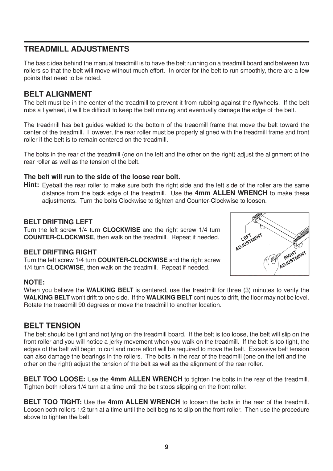 Stamina Products Inmotions Treadmill Adjustments, Belt Alignment, Belt Tension, Belt Drifting Left, Belt Drifting Right 