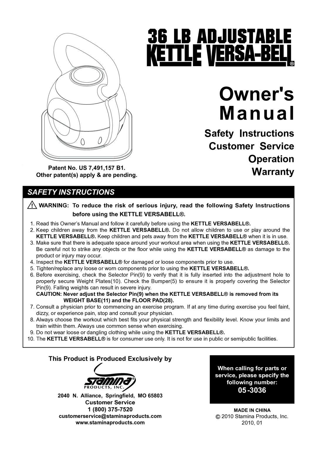 Stamina Products May-36 owner manual Safety Instructions Customer Service Operation Warranty, When calling for parts or 