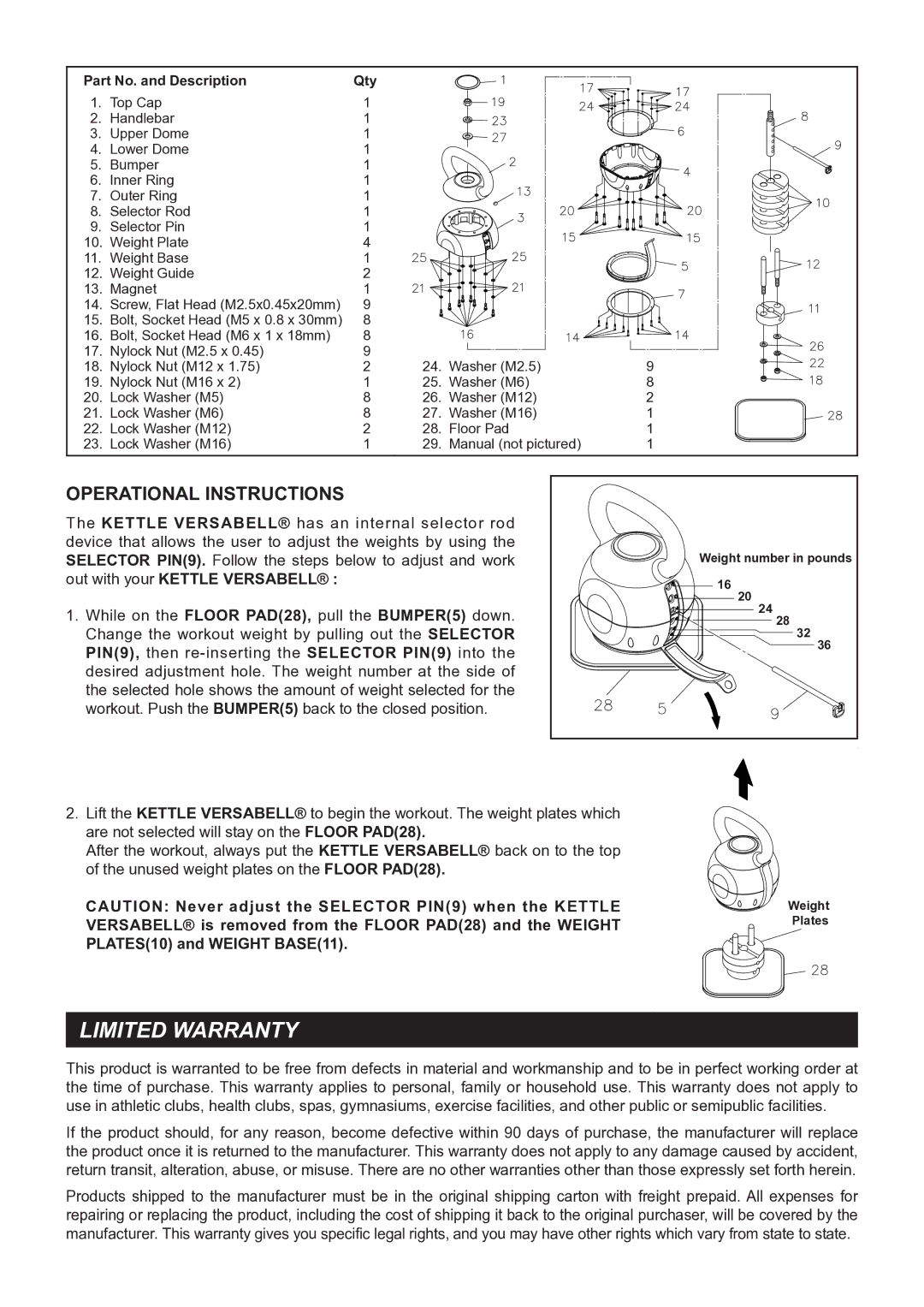 Stamina Products May-36 owner manual Limited Warranty, Operational Instructions, Part No. and Description Qty 