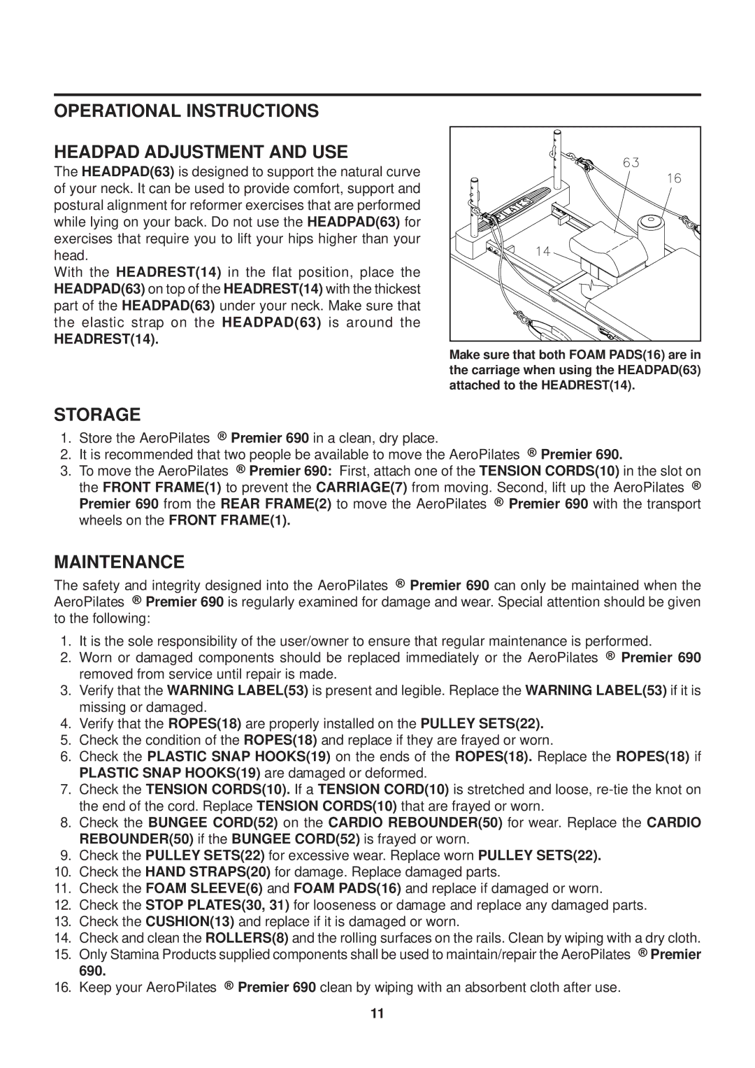 Stamina Products Premier 690 owner manual Operational Instructions Headpad Adjustment and USE, Storage, Maintenance 