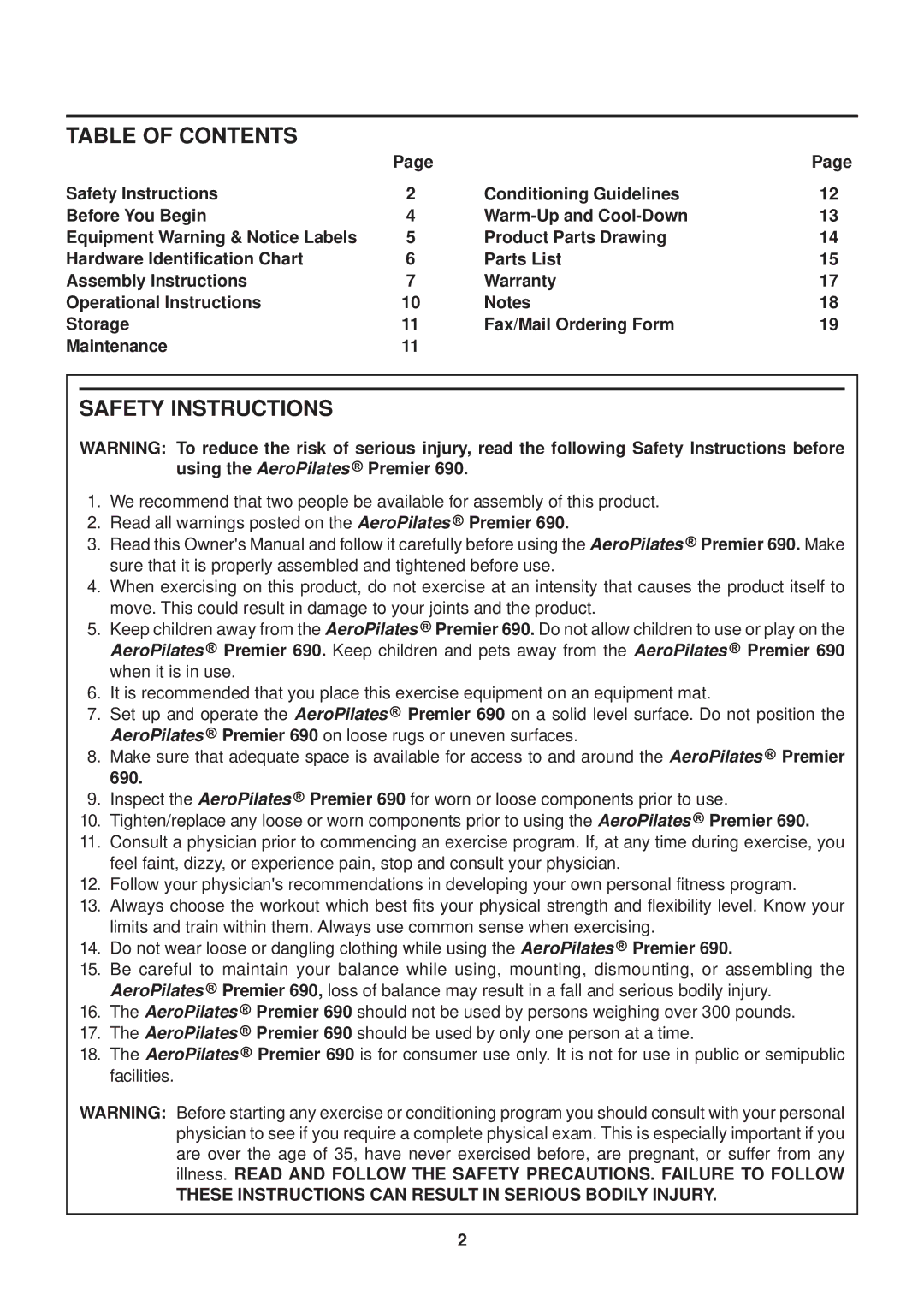 Stamina Products Premier 690 owner manual Table of Contents, Safety Instructions 